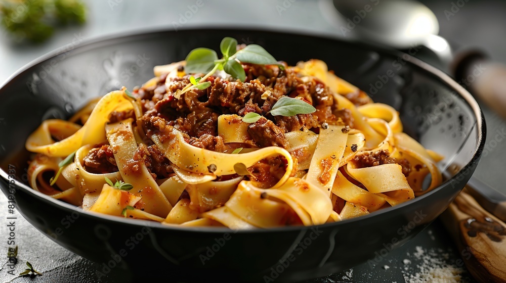 Pasta Fettuccine with Beef Ragout Sauce in Black Bowl. Generative AI Pasta Fettuccine with Beef Ragout Sauce in Black Bowl. Generative AI