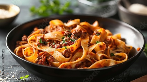 Pasta Fettuccine with Beef Ragout Sauce in Black Bowl. Generative AI © we3_food
