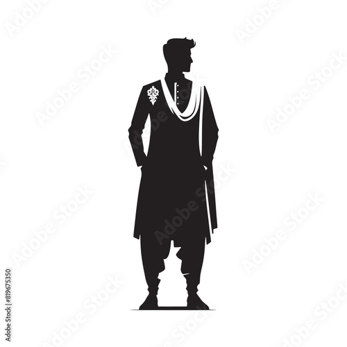 Men Salwar Kameez Silhouette- Capturing the Timeless Beauty and Cultural Heritage of South Asian Traditional Attire- Minimalist Men Salwar Kameez Vector - Men Salwar Kameez Illustration.