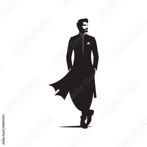 Men Salwar Kameez Silhouette- Capturing the Timeless Beauty and Cultural Heritage of South Asian Traditional Attire- Minimalist Men Salwar Kameez Vector - Men Salwar Kameez Illustration.
