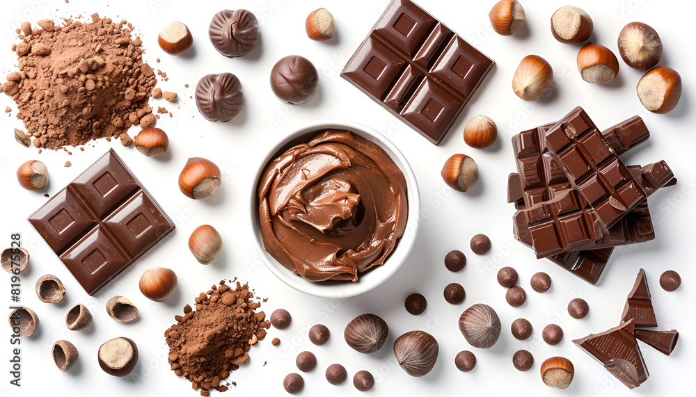 Yummy chocolate paste and hazelnuts on white background, top view. Collage design Yummy chocolate paste and hazelnuts on white background, top view. Collage design