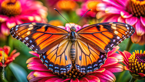 Detailed shot of a butterfly perched on a flower petal, with wings spread, displaying vibrant hues and delicate veins