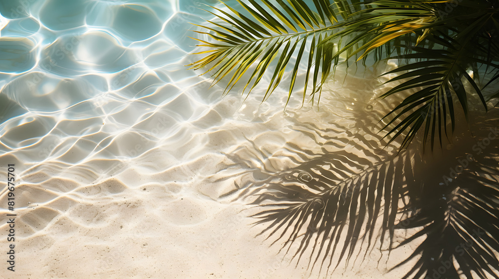 Palm tree shadow on clear blue water surface with light reflections. Nature photography for summer vacation and travel concept. Design for wallpaper, poster, and header Palm tree shadow on clear blue water surface with light reflections. Nature photography for summer vacation and travel concept. Design for wallpaper, poster, and header