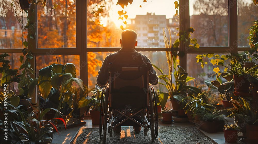 Naklejka premium Rollstuhlfahrer im Wintergarten, made by AI