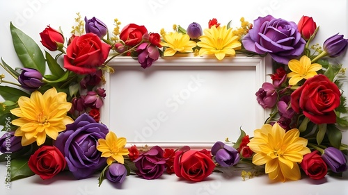 a  vibrant and colorful flower frame with red roses, yellow daisies, and purple tulips surrounding a blank white space --ar 3:2 --v 4 #819675956