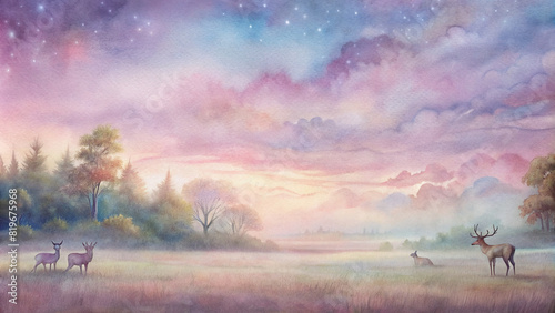 A peaceful meadow dotted with grazing deer under a pastel-colored sky  creating a picturesque scene of tranquility.