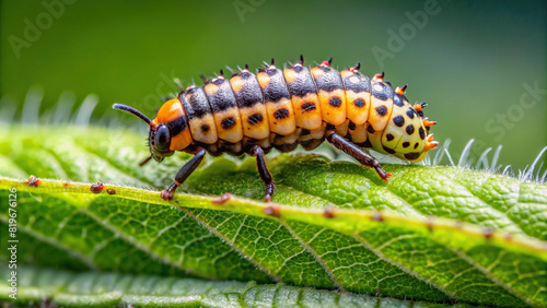 Detailed shot of a ladybug larvae on a green leaf, with clear background © prasit