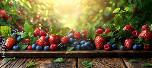 Variety of fresh berries on wooden surface. An assortment of ripe strawberries, blackberries, and blueberries on a rustic wooden table, with a sunlit green foliage background.  photo