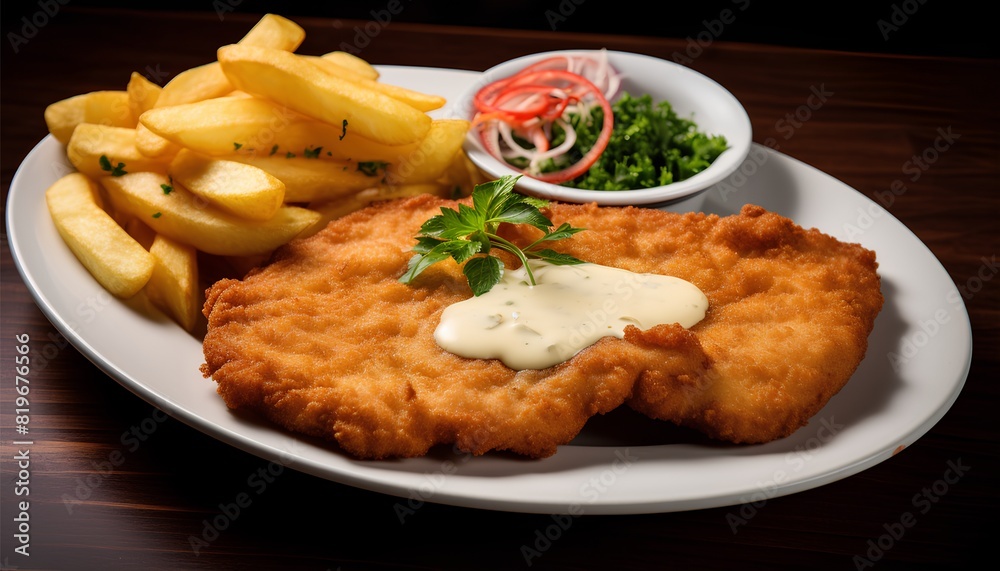 Austrian Wiener schnitzel, thin, breaded veal cutlet that is panfried until golden brown and