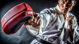 A macro shot of a serious martial artist's fist striking a training pad with precision and power, showcasing their dedication to mastering their craft