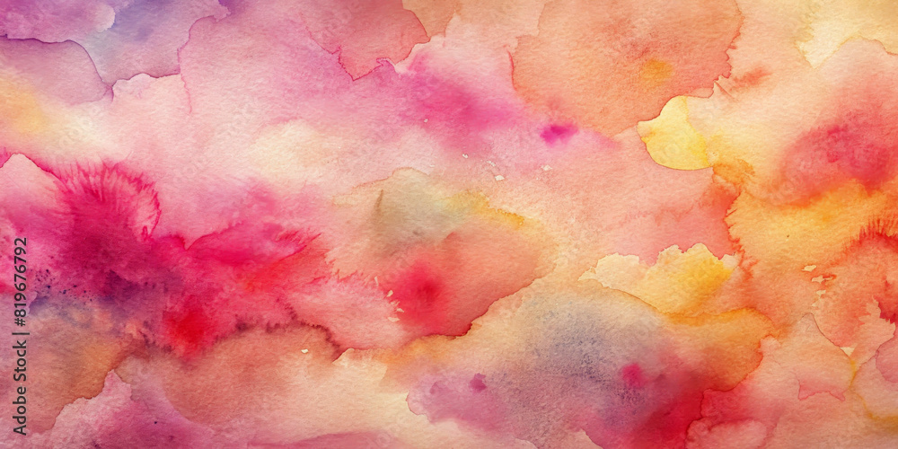 Bright pink, yellow and purple hues blend into a fluid, abstract pattern reminiscent of sunsets or blooming flowers. The watercolor technique creates soft edges and a dreamy, ethereal atmosphere.AI ge
