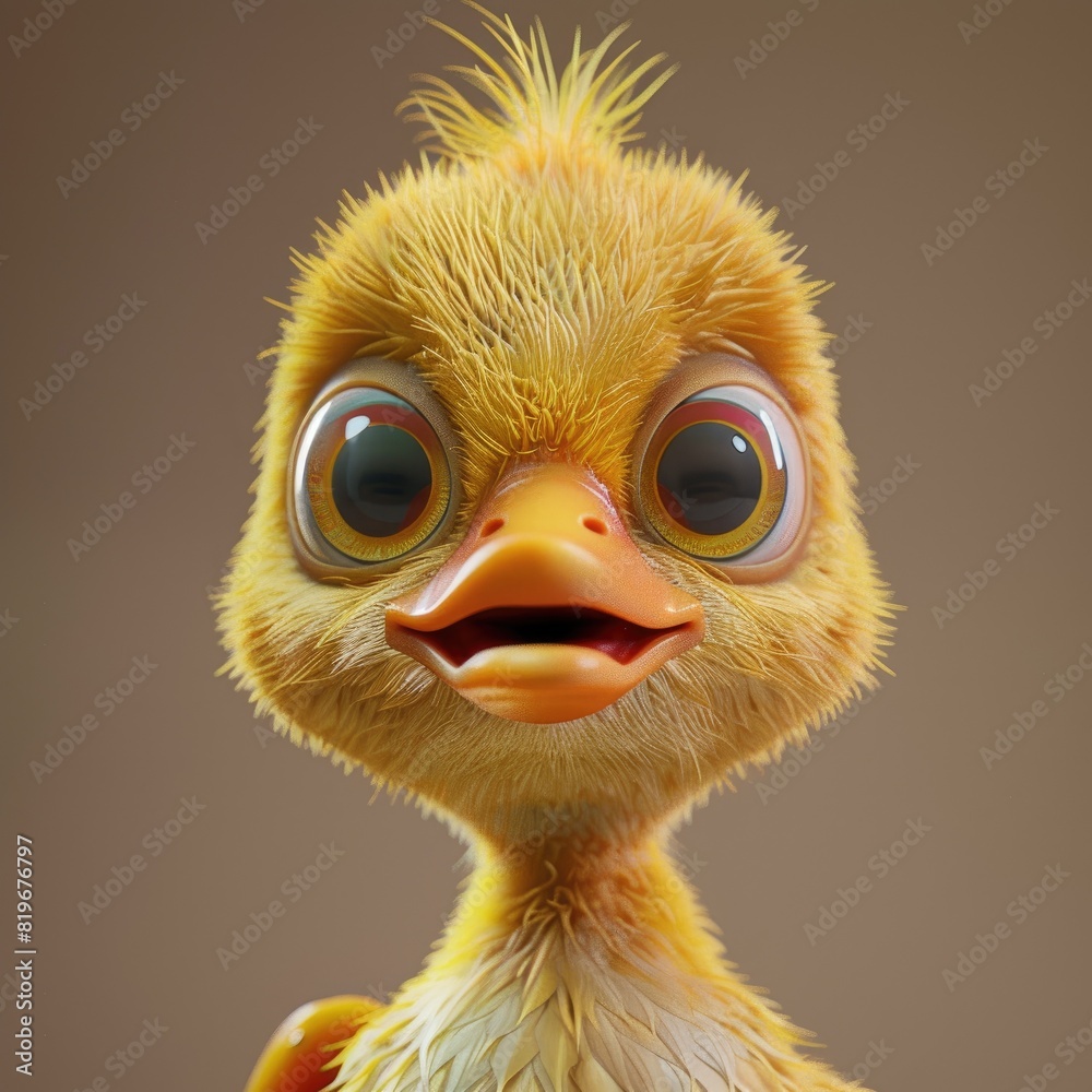 3D funny, cunning cartoon face of a duckling close-up. Print for T-shirts. Funny character for comics, children's literature, cartoon. Design for printing on fabric, paper. Decor for a children's room 3D funny, cunning cartoon face of a duckling close-up. Print for T-shirts. Funny character for comics, children's literature, cartoon. Design for printing on fabric, paper. Decor for a children's room