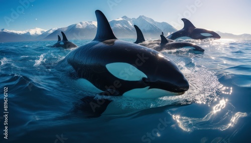 Groups of Orcas or killer whales swim and hunt for prey, the top of the food chain in a sea of ​​ice floes photo