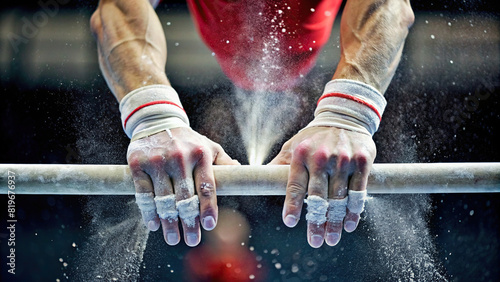 A macro shot of a gymnast's chalk-covered hands gripping the parallel bars, preparing for a gravity-defying routine.