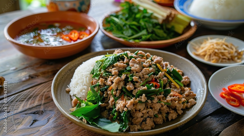 Larb Moo Krua Chom Thung, Thai Food. Generative AI Larb Moo Krua Chom Thung, Thai Food. Generative AI