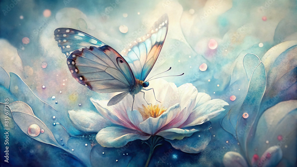 A close-up of a delicate butterfly resting on a dew-kissed flower petal, with soft watercolor-like tones lending an ethereal quality to the scene