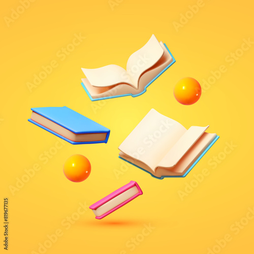 Education and learning concept with flying books. School and university design.