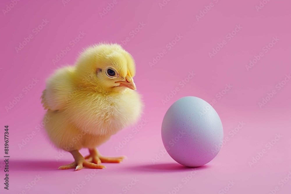 baby chicken with an egg on colored background