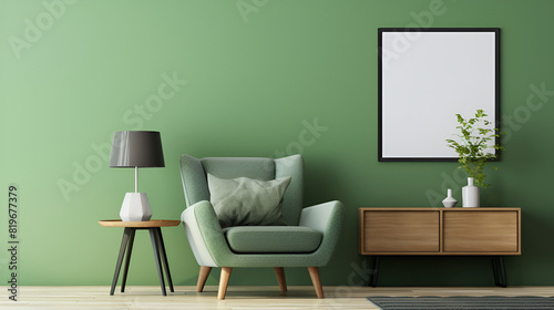 Green living room wall with grey decorative chair,and lamp frame middle table ,a wood sideboard in a inviting living room interior decoration
