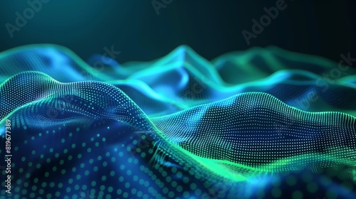 Digital Finance Waves: Fluid Neon Blue and Green Abstract Design of Dynamic Pixel Waves Symbolizing Financial Flow © nialyz