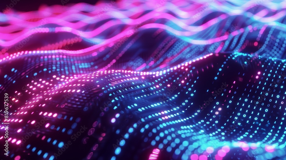 Illuminated Binary Code Waves: Dynamic Digital Finance Concept in Neon Colors Illuminated Binary Code Waves: Dynamic Digital Finance Concept in Neon Colors