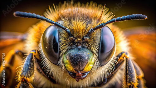 Extreme close-up of a honeybee's fuzzy body, highlighting its unique features