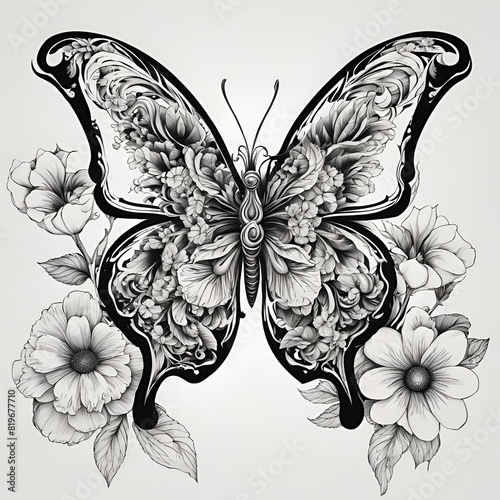 tattoo old school butterfly black and white, Generative AI © Soemsuk