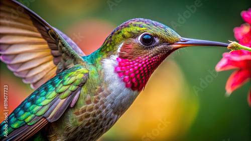 Extreme close-up of a hummingbird feeding on nectar, showcasing vibrant feathers and long beak