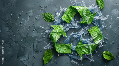 Nature-inspired recycling water sign with green leaves and flowing water elements