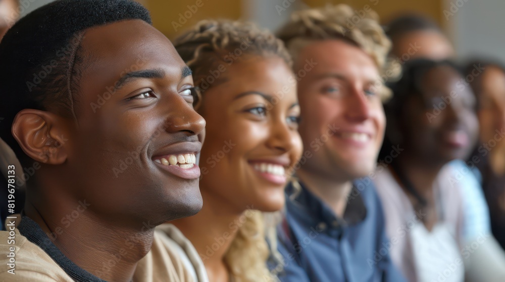Close-up of diverse individuals smiling as they listen intently to the seminar speaker. Close-up of diverse individuals smiling as they listen intently to the seminar speaker.