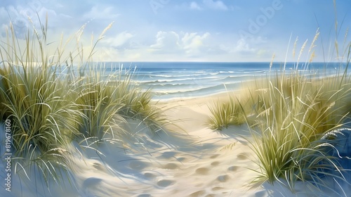 A scenic beach with sandy dunes and grass leading to a serene blue ocean.