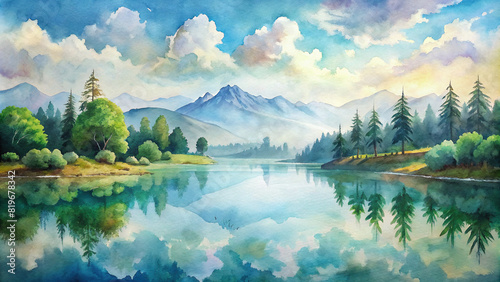 An expansive panorama of a tranquil lake surrounded by lush greenery and distant mountains, with the reflection of the sky creating a picturesque scene photo
