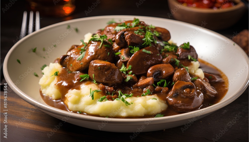 Hearty beer-spiked beef stew is served with creamy mashed potatoes for a shepherd's pie vibe Hearty beer-spiked beef stew is served with creamy mashed potatoes for a shepherd's pie vibe