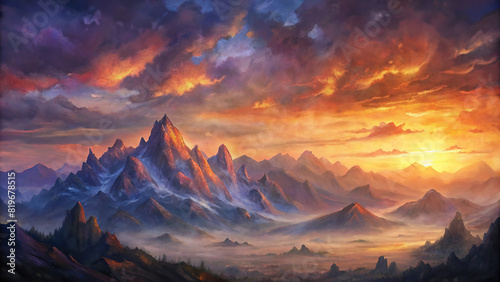 An expansive panorama of a rugged mountain range silhouetted against a fiery sunset sky, with the warm hues of dusk casting a magical glow over the landscape