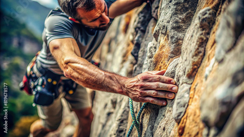 A macro shot of a climber's hands gripping the rocky surface as they ascend a challenging cliff face, showcasing their skill and determination. photo