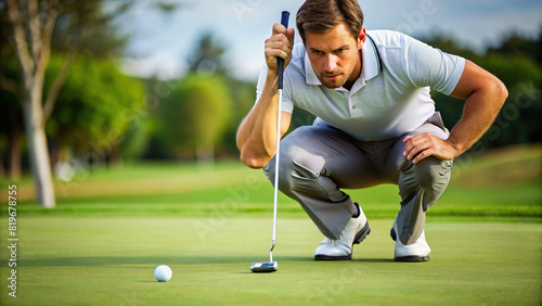 A focused close-up of a golfer lining up a putt on the green, their concentration evident as they take their shot with a serious demeanor