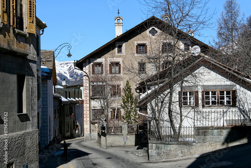 Scenic view of Swiss mountain village of Pontresina in the Swiss Alps on a sunny winter day. Photo taken March 12th, 2007, Pontresina, Switzerland.