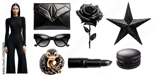 Set of black fashion accsessories and model on png background. Ideal set for design and collage art. Black aesthetic trends. photo