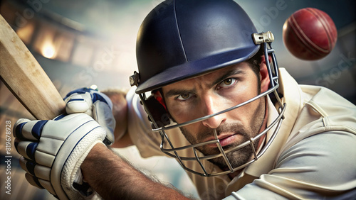 A focused close-up of a cricket batsman preparing to strike the ball with precision, their serious expression revealing their determination to score runs