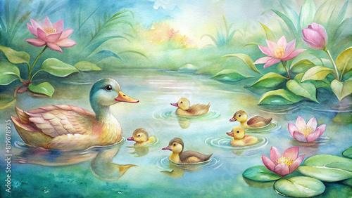 Adorable family of ducks swimming peacefully in a calm pond  with vibrant water lilies floating on the surface  creating a picturesque watercolor scene