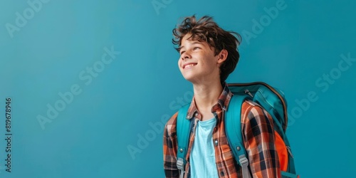 A happy teenage boy with a backpack ready for school on a teal background with copy space for educational campaigns