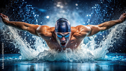 An intense close-up of a swimmer diving into the pool, water droplets suspended in the air as they demonstrate their serious approach to competition