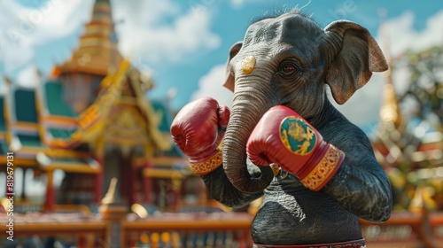 D Rendered Elephant in Boxing Outfit Stands Proudly in Front of Wat Phra Kaew Temple Thai Cultural Fusion