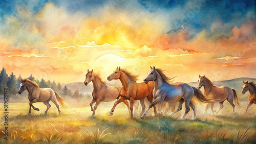 Majestic herd of wild horses galloping freely across a vast meadow, with the golden glow of the setting sun casting a warm watercolor-like hue over the scene © Woonsen