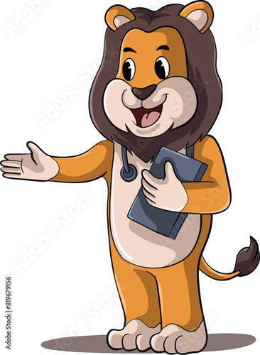 cute cartoon lion illustration design as a doctor ready to examine a patient.eps