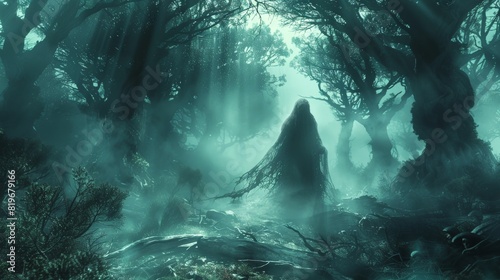 An eerie, shadowy wraith emerging from the mist in a dark, haunted forest, with gnarled trees and a spooky atmosphere that sends chills down the spine. photo