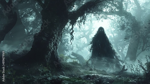 An eerie, shadowy wraith emerging from the mist in a dark, haunted forest, with gnarled trees and a spooky atmosphere that sends chills down the spine.