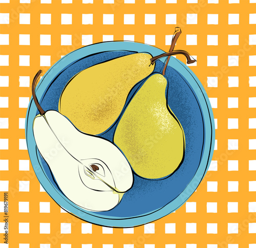 1490_Ripe juicy pears in a blue bowl on a table with a checkered tablecloth