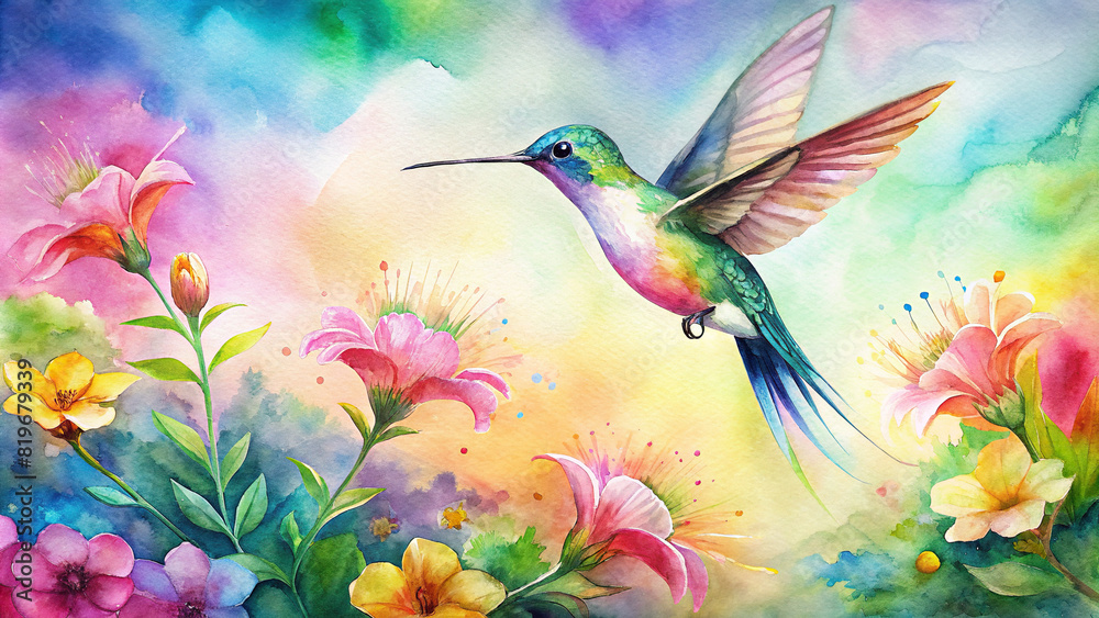 A whimsical watercolor painting of a vibrant hummingbird hovering near a colorful array of flowers in full bloom, with a soft gradient sky in the background