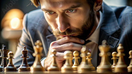 A close-up of a focused chess player contemplating their next move, their serious expression revealing the strategic depth of the game